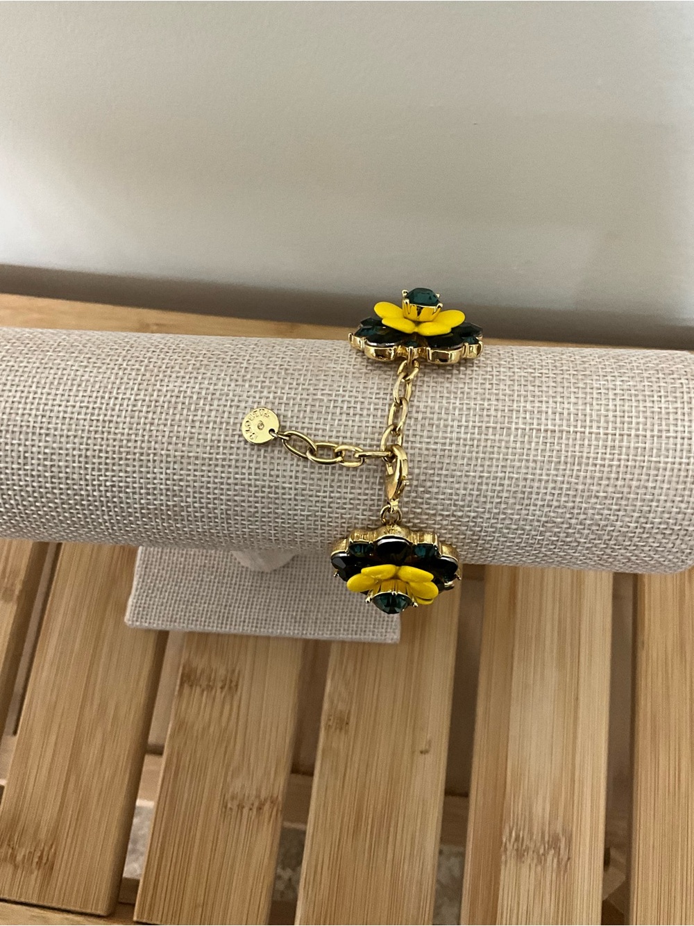 Talbots Floral Statement Bracelet Yellow Enamel Green Crystal Gold Tone 8” - Picture 3 of 6